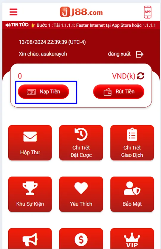 Nút nạp tiền J88 ở giao diện trang cá nhân