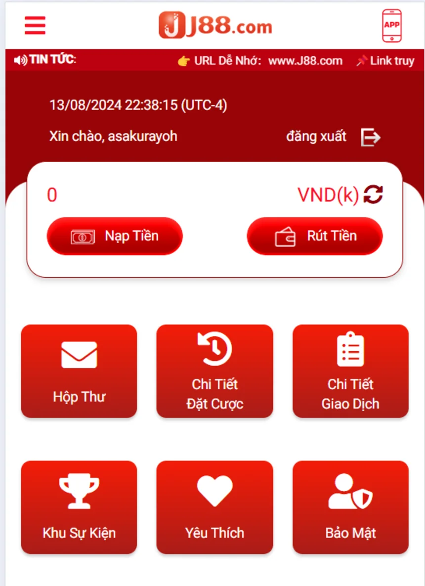Giao diện tài khoản chọn nạp tiền J88