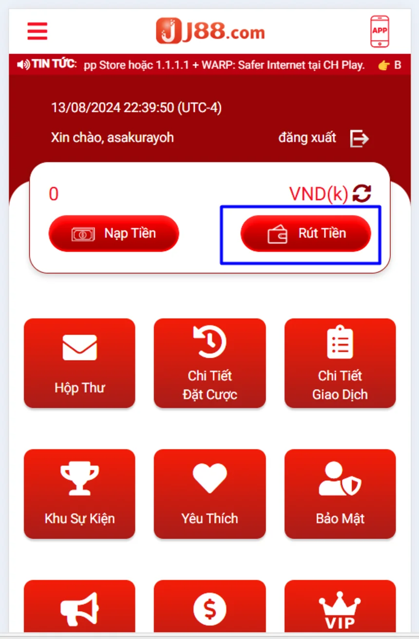 Chọn rút tiền J88 theo hướng dẫn như hình